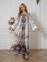 Elegant Floral Print Long Sleeve Abaya Dress - Image 2