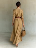 Irregular Long Dress With Belt Fashion And Elegant Button Lapel Long-sleeved Shirt Dresses Daily Office Commuting Clothing For Women - Image 3