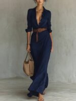 Irregular Long Dress With Belt Fashion And Elegant Button Lapel Long-sleeved Shirt Dresses Daily Office Commuting Clothing For Women - Image 4