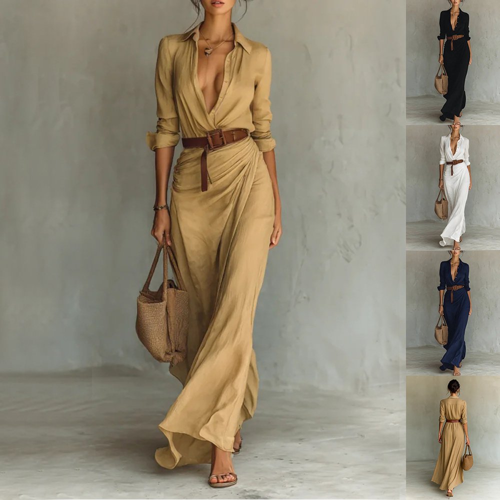 9fb3d174-4beb-4947-855a-878faa05b24a.jpg Irregular Long Dress With Belt Fashion And Elegant Button Lapel Long-sleeved Shirt Dresses Daily Office Commuting Clothing For Women - Image 1