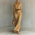 Irregular Long Dress With Belt Fashion And Elegant Button Lapel Long-sleeved Shirt Dresses Daily Office Commuting Clothing For Women - Image 2
