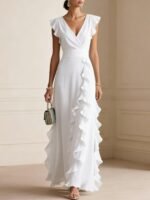 Women's Elegant Solid Color Ruffle Sleeveless Sexy V-Neck Long Dress Fashionable Bohemian Women's Party Evening Maxi Dresses - Image 7