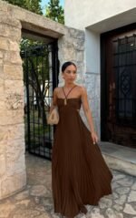 Ins Pleated Sleeveless Sling Dress Hollow High Waist Halter Robe Dresses For Evening Party Club Clothing Women - Image 5