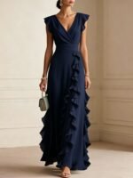 Women's Elegant Solid Color Ruffle Sleeveless Sexy V-Neck Long Dress Fashionable Bohemian Women's Party Evening Maxi Dresses - Image 9