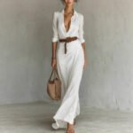 Irregular Long Dress With Belt Fashion And Elegant Button Lapel Long-sleeved Shirt Dresses Daily Office Commuting Clothing For Women - Image 5