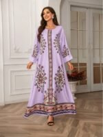 Elegant Floral Print Long Sleeve Abaya Dress - Image 2
