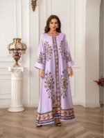 Elegant Floral Print Long Sleeve Abaya Dress - Image 4