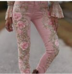 Womens Colorful Floral Faux Denim Pants - Image 4