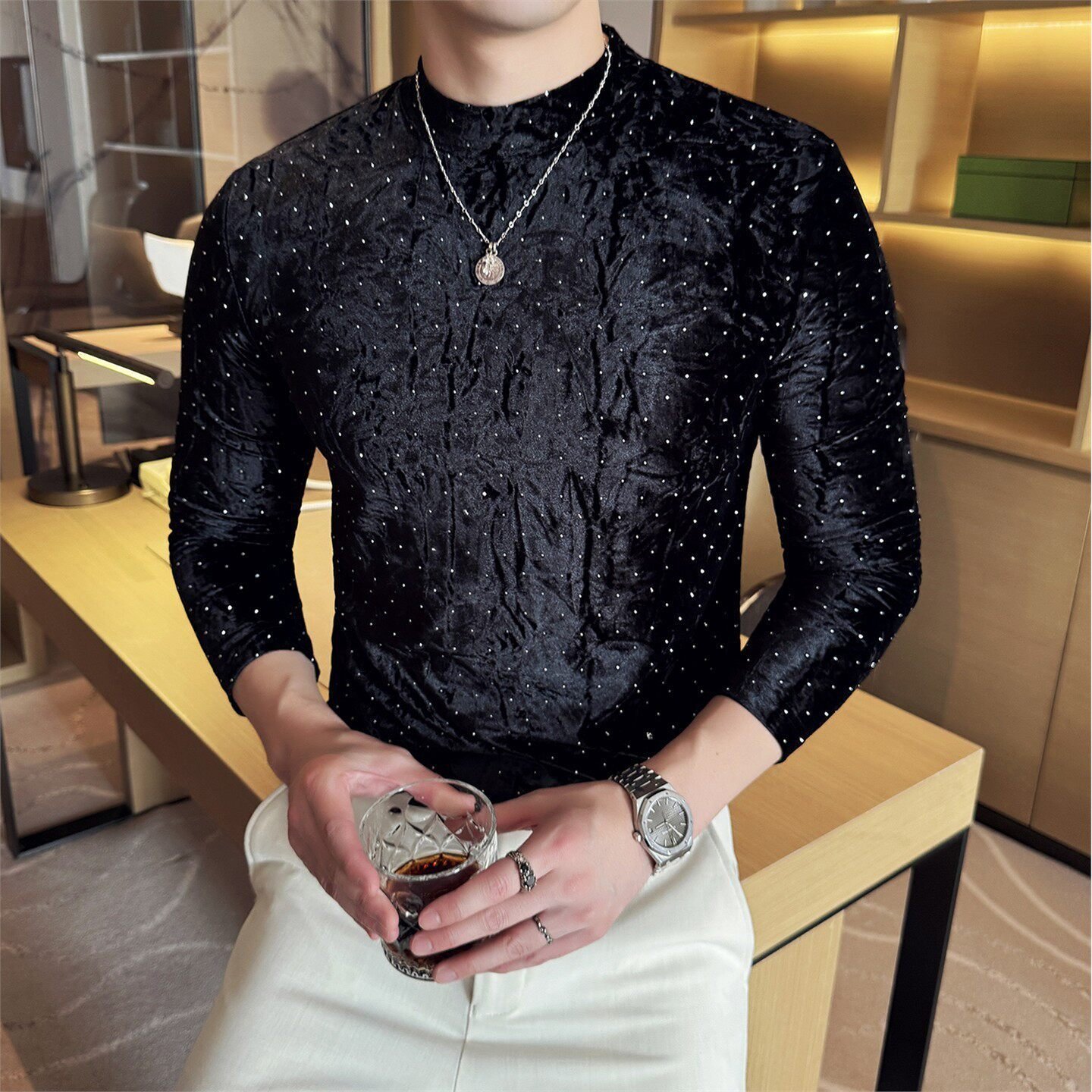 08bc9ad9-260a-4f5e-b1e7-7ce65d8114ce.jpg Velvet Starry Pattern Half-High Collar T-Shirt - Image 1