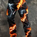 Cool Fire Lightning Thunder Print Men Cargo Pants Multi Pocket Tactical Workwear Trousers Hip Hop Street Fashion Casual Pants
