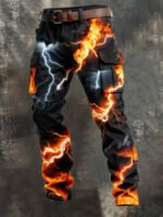 Cool Fire Lightning Thunder Print Men Cargo Pants Multi Pocket Tactical Workwear Trousers Hip Hop Street Fashion Casual Pants