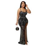 Sling Hot Drilling Split Leg Exposed Polyester Dress Ladies - Image 4