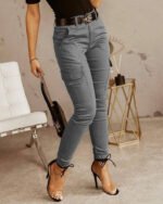 Ankle-length Low-rise Solid-color Cargo Pants With Pockets These Are Slim-fit Leggings - Image 2