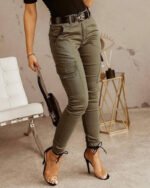 Ankle-length Low-rise Solid-color Cargo Pants With Pockets These Are Slim-fit Leggings - Image 3