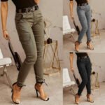 Ankle-length Low-rise Solid-color Cargo Pants With Pockets These Are Slim-fit Leggings