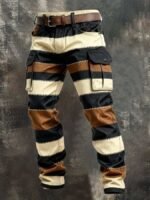 Vintage Stripe Patchwork Men Cargo Pants Multi Pockets Workwear - Image 4
