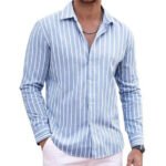 Striped Classic Trendy Long-Sleeved Lapel Shirt Four-Way Stretch Men's Top - Image 5