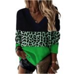 V-neck Leopard Print Splicing Long Sleeve Sweatshirt Tops - Image 3