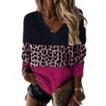 V-neck Leopard Print Splicing Long Sleeve Sweatshirt Tops - Image 6