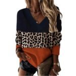 V-neck Leopard Print Splicing Long Sleeve Sweatshirt Tops - Image 9