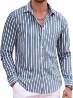 Striped Classic Trendy Long-Sleeved Lapel Shirt Four-Way Stretch Men's Top - Image 6