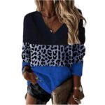 V-neck Leopard Print Splicing Long Sleeve Sweatshirt Tops - Image 8