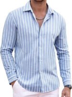 Striped Classic Trendy Long-Sleeved Lapel Shirt Four-Way Stretch Men's Top - Image 10